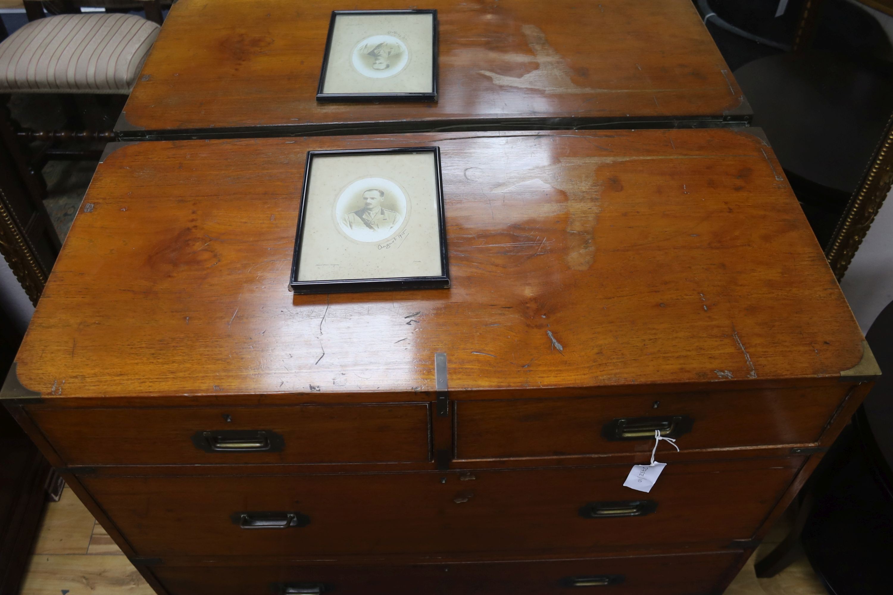 A Victorian camphorwood Army & Navy brass mounted two part military chest, width 99cm, depth 46cm, height 93cm